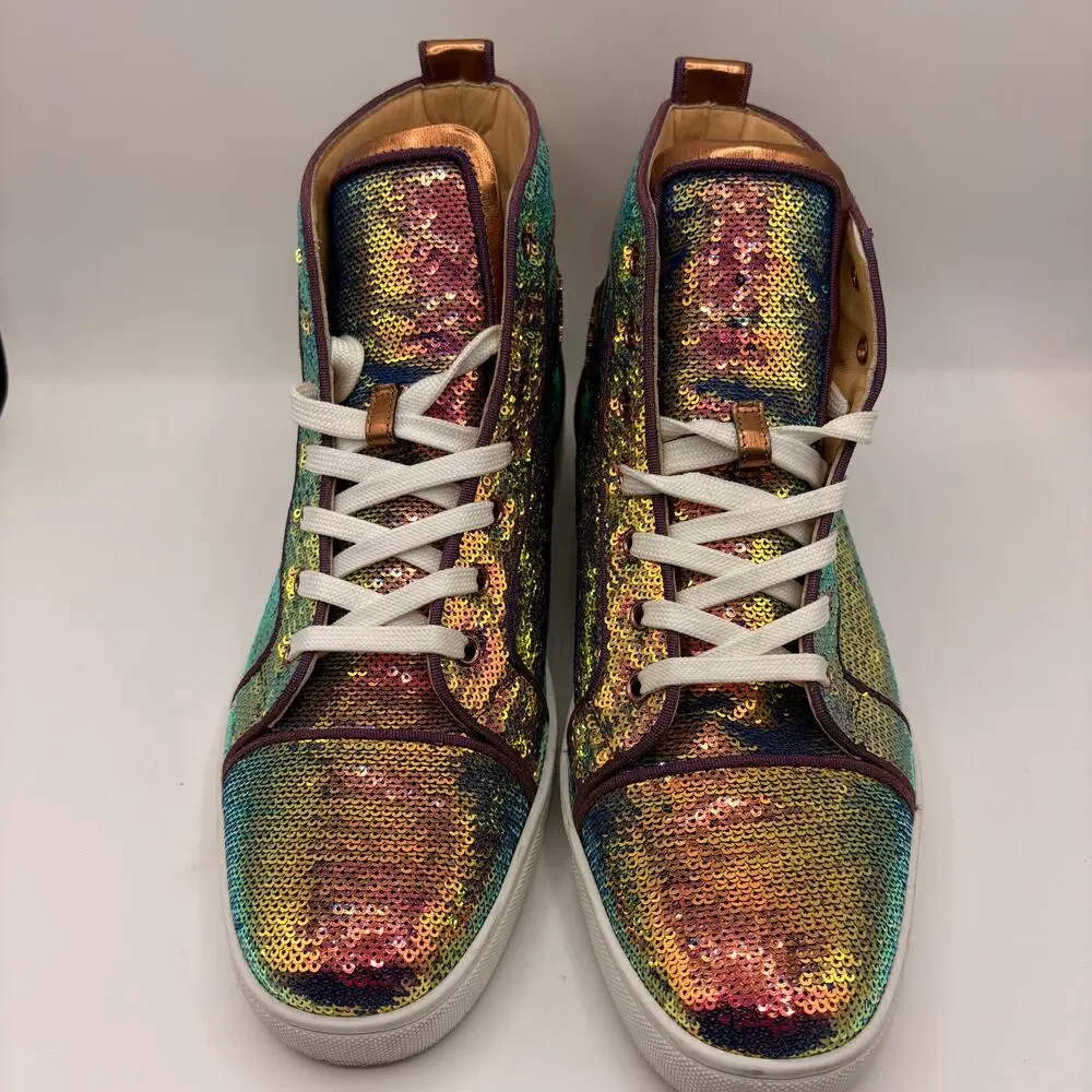 CHRISTIAN LOUBOUTIN Louis Orlato High Top Sneaker Sequin Rainbow Sz 43.5 $2200
